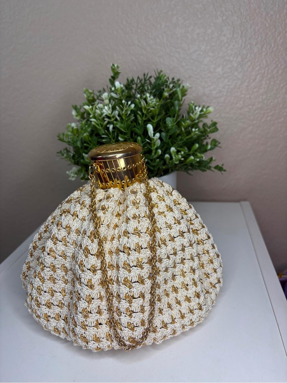 Vintage Made in Germany Gold White Cord Cage Top Handle Evening Bag